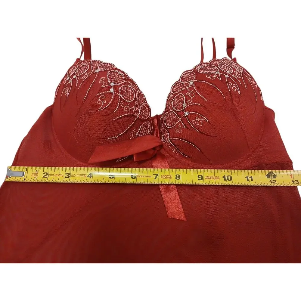 Babydoll Lingerie Sz M Red Semi Sheer Lace Padded Rhinestone Embroidered‎ Ruffle - Picture 6 of 12